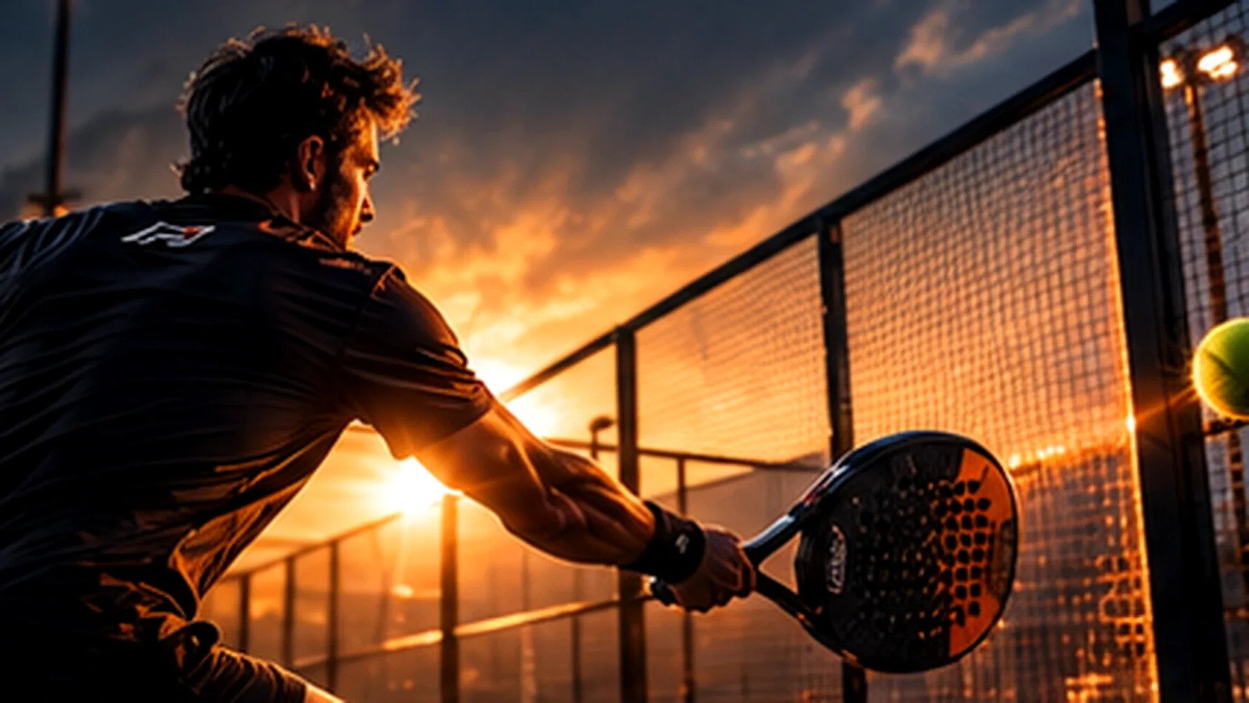 A padel player striking the ball on a dark court