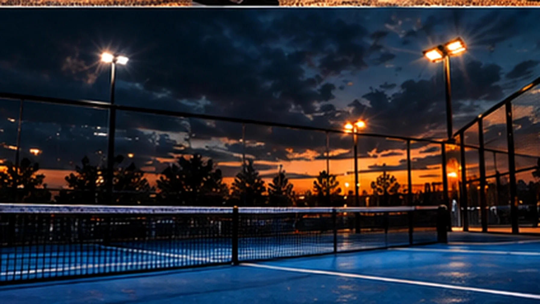 A floodlit padel court in the evening