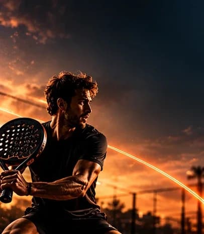 A padel player striking the ball on a dark court